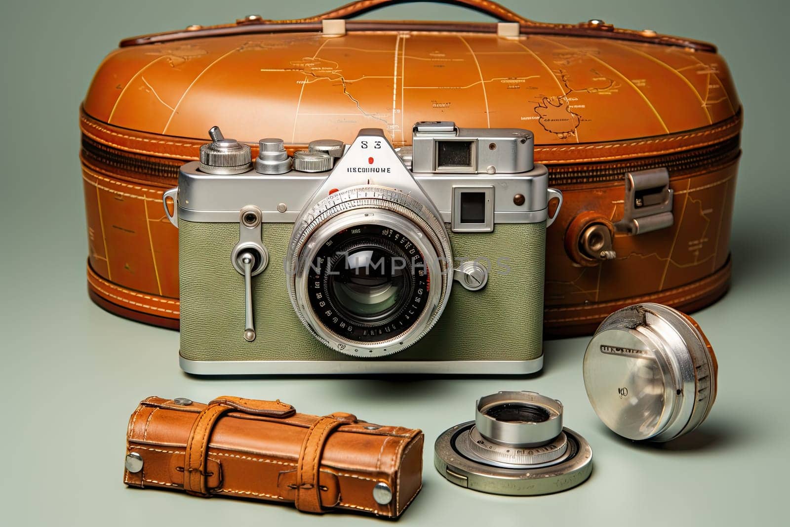 An old fashioned camera sitting next to a leather case created with generative AI technology by golibtolibov