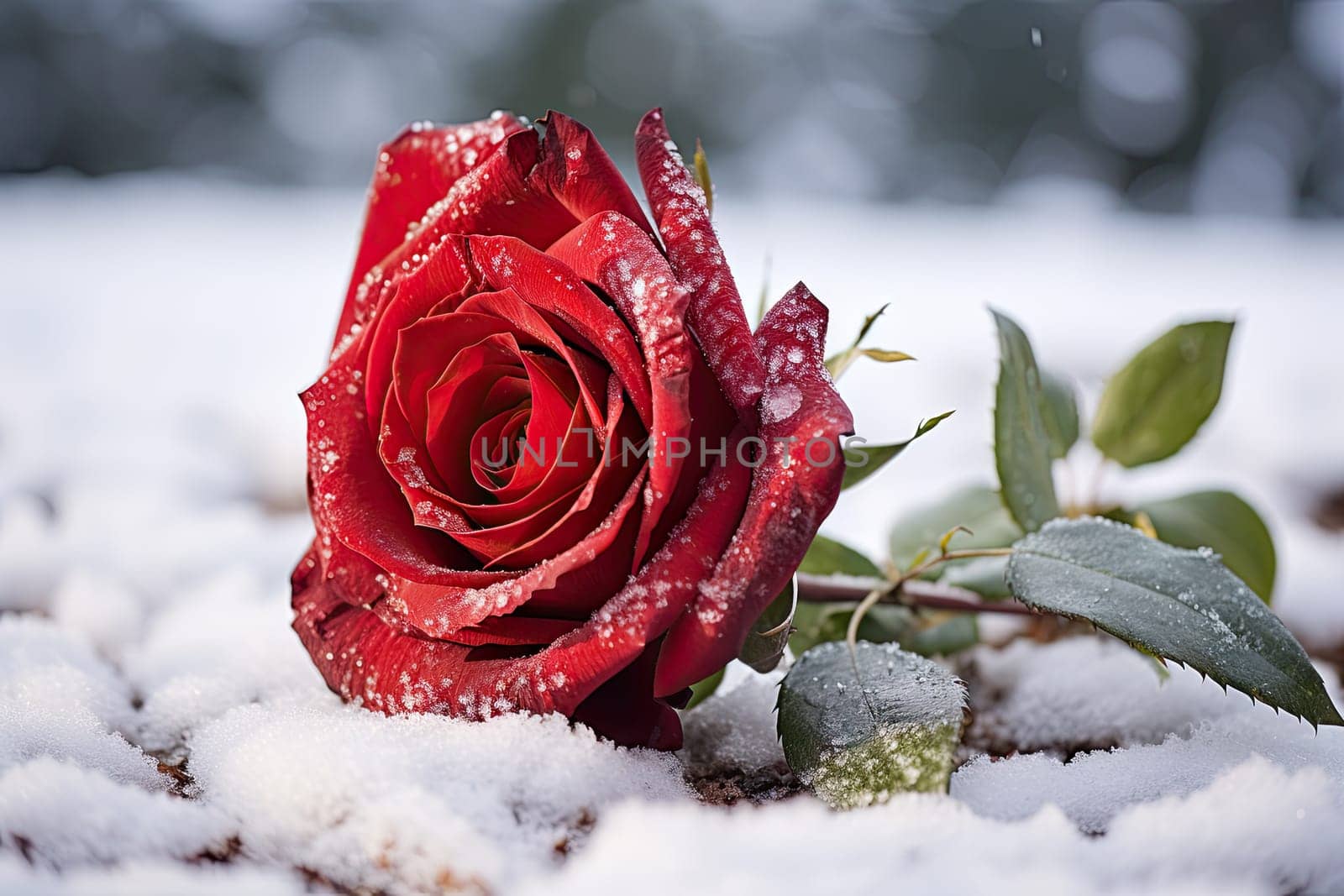 A red rose sitting on top of snow covered ground created with generative AI technology by golibtolibov