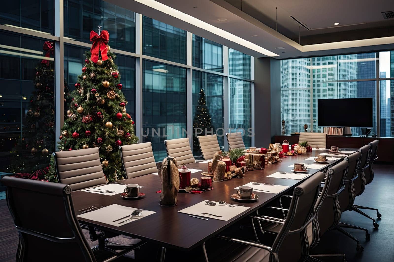 A conference room with a christmas tree in the middle created with generative AI technology by golibtolibov