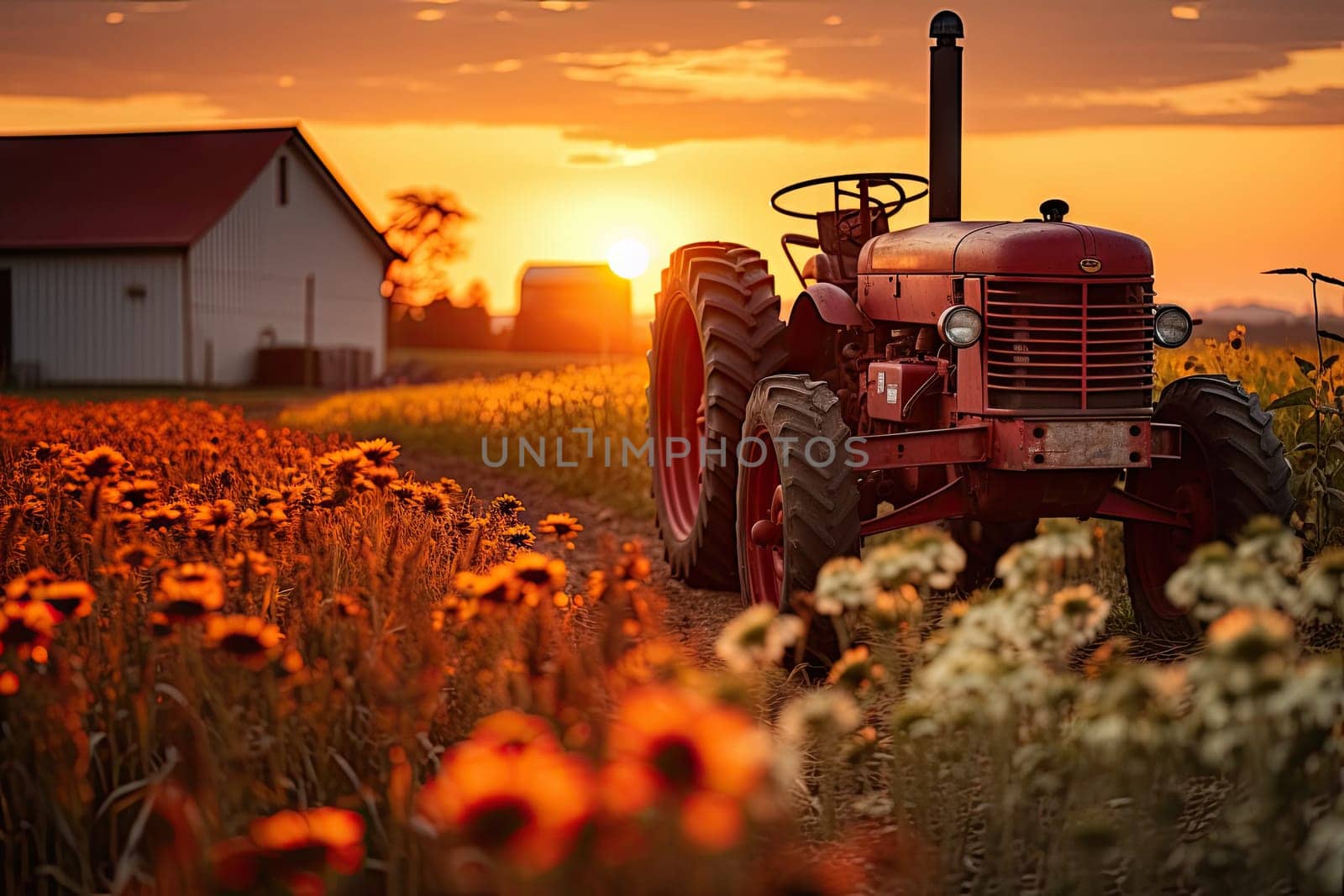 A Serene Evening on the Farm: A Tractor Silhouetted Against a Vibrant Sunset