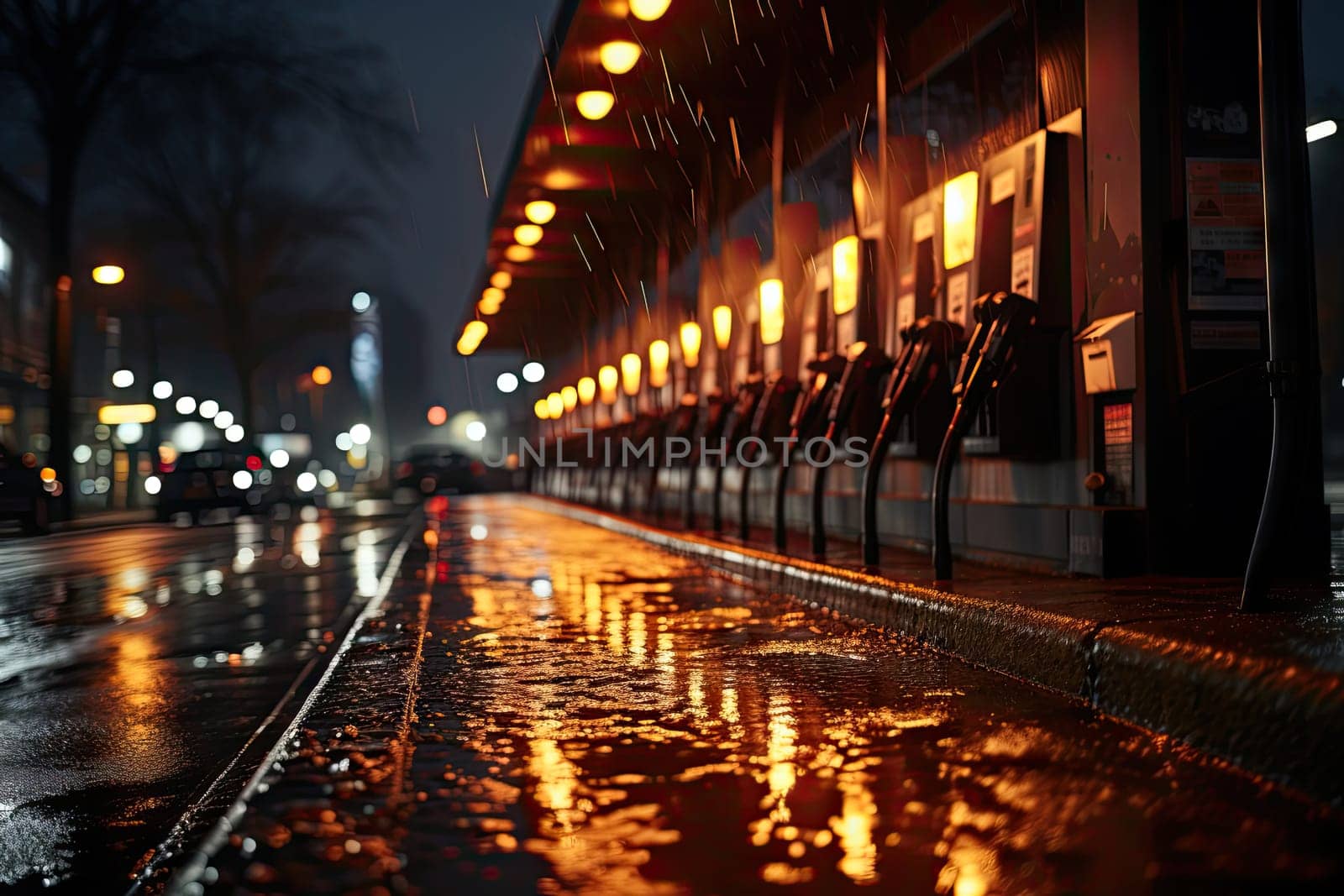 A city street at night with rain on the ground created with generative AI technology by golibtolibov