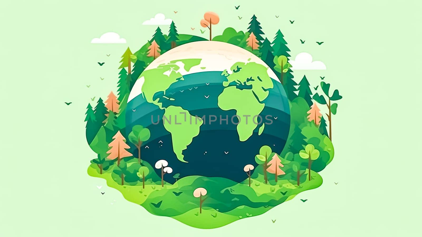 Earth Day jubilation, A green world covered in trees and grass an illustration of our commitment to natures preservation and global festivities