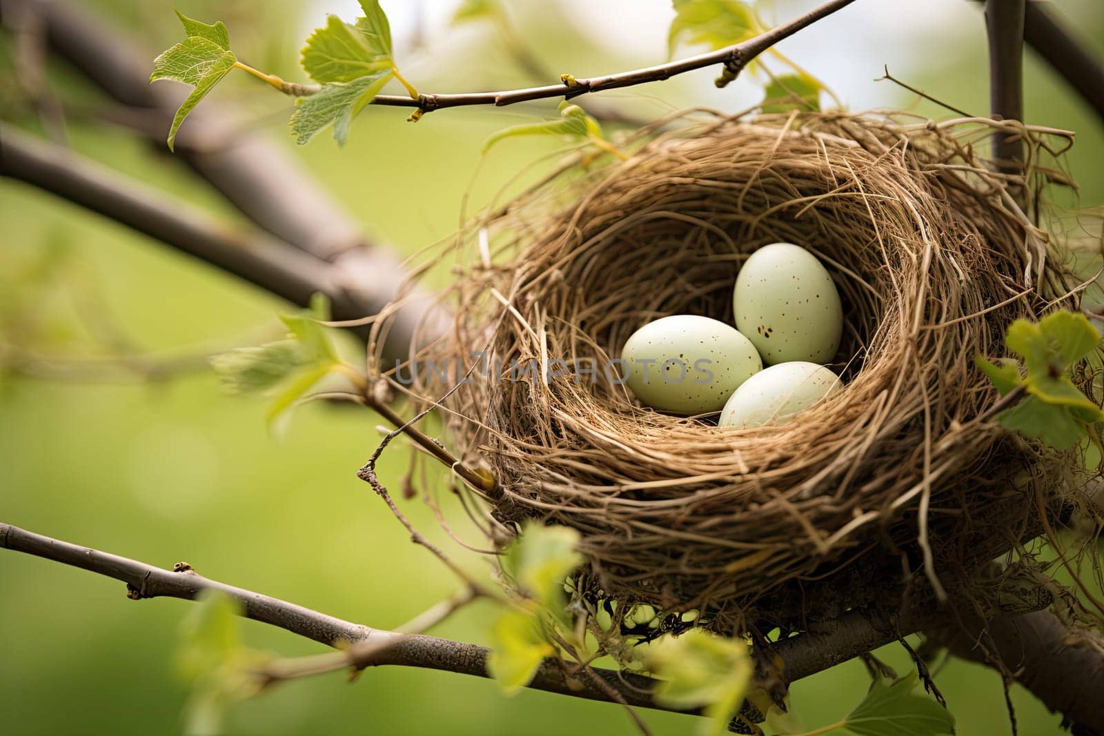 A bird nest with three eggs in a tree created with generative AI technology by golibtolibov