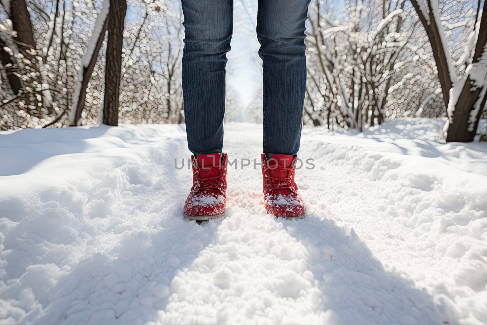 A person standing in the snow wearing red boots created with generative AI technology by golibtolibov