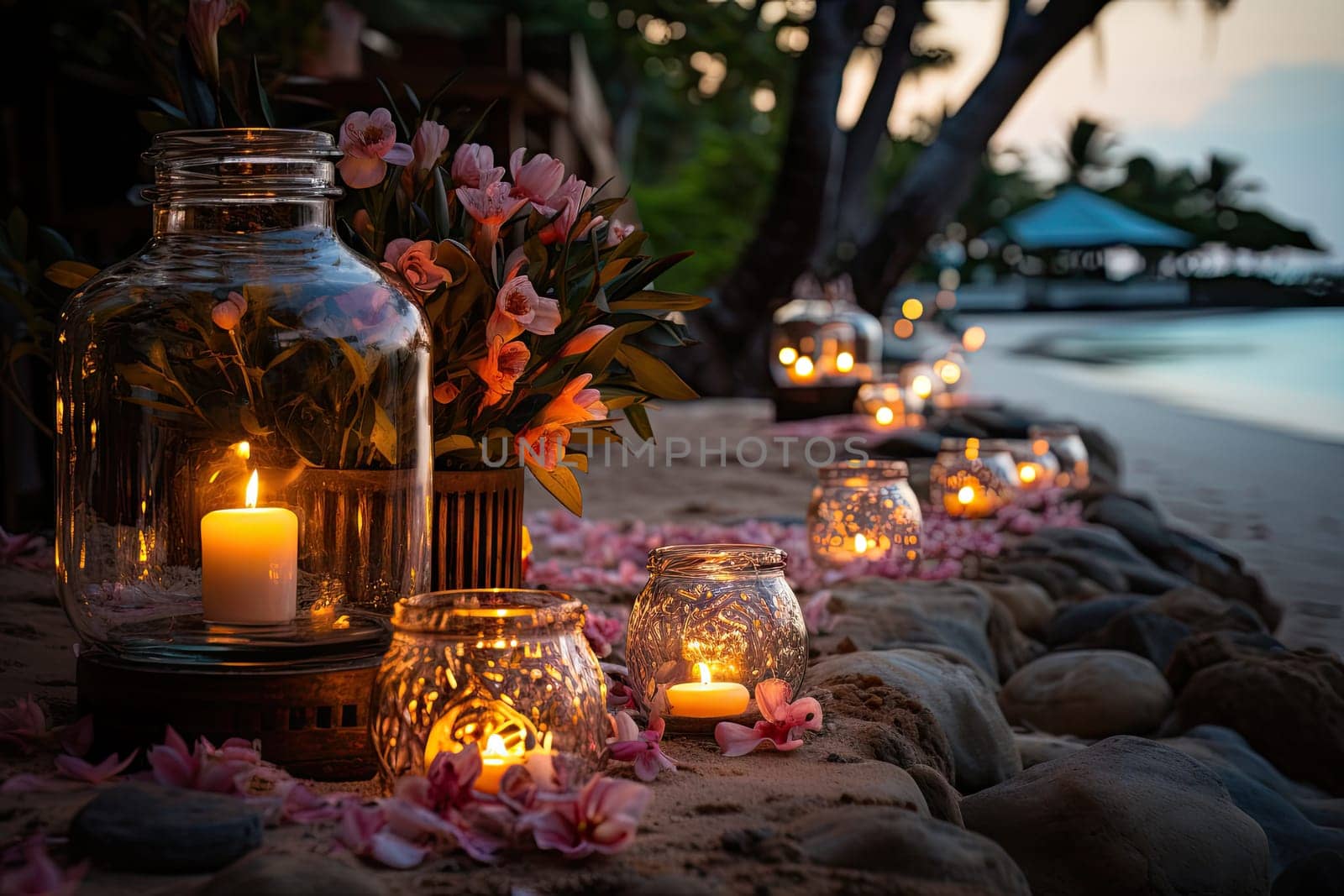 A Serene Beach Sunset Illuminated by a Row of Flickering Candles