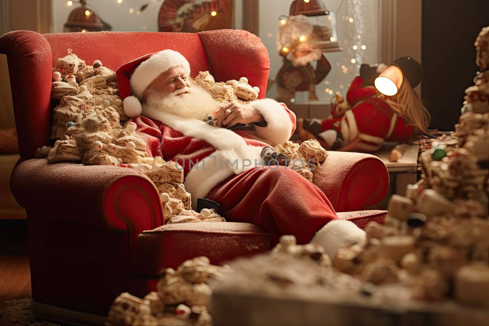 Santa Claus Relaxing in a Festive Red Chair, Admiring a Beautifully Decorated Christmas Tree