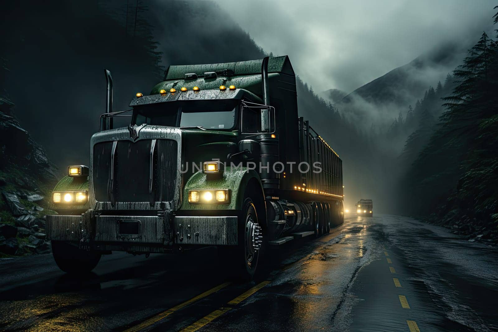 A large semi truck driving down a wet road created with generative AI technology by golibtolibov