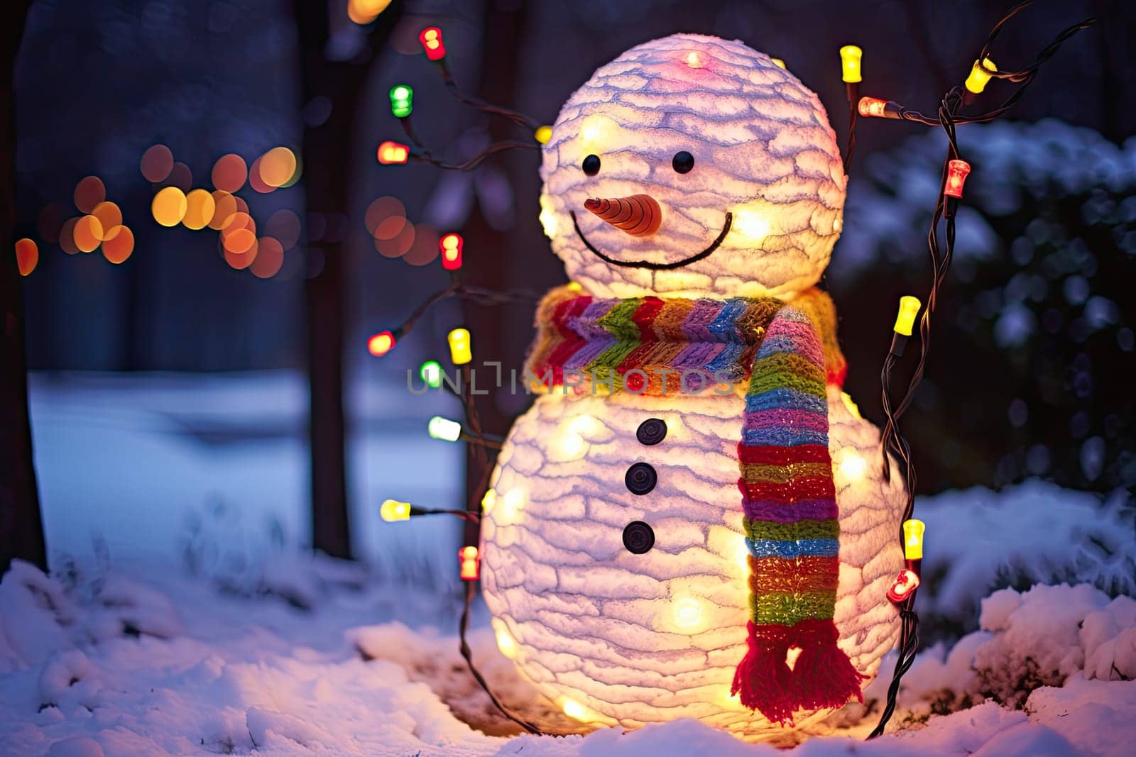 A lighted snowman sitting in the snow by golibtolibov