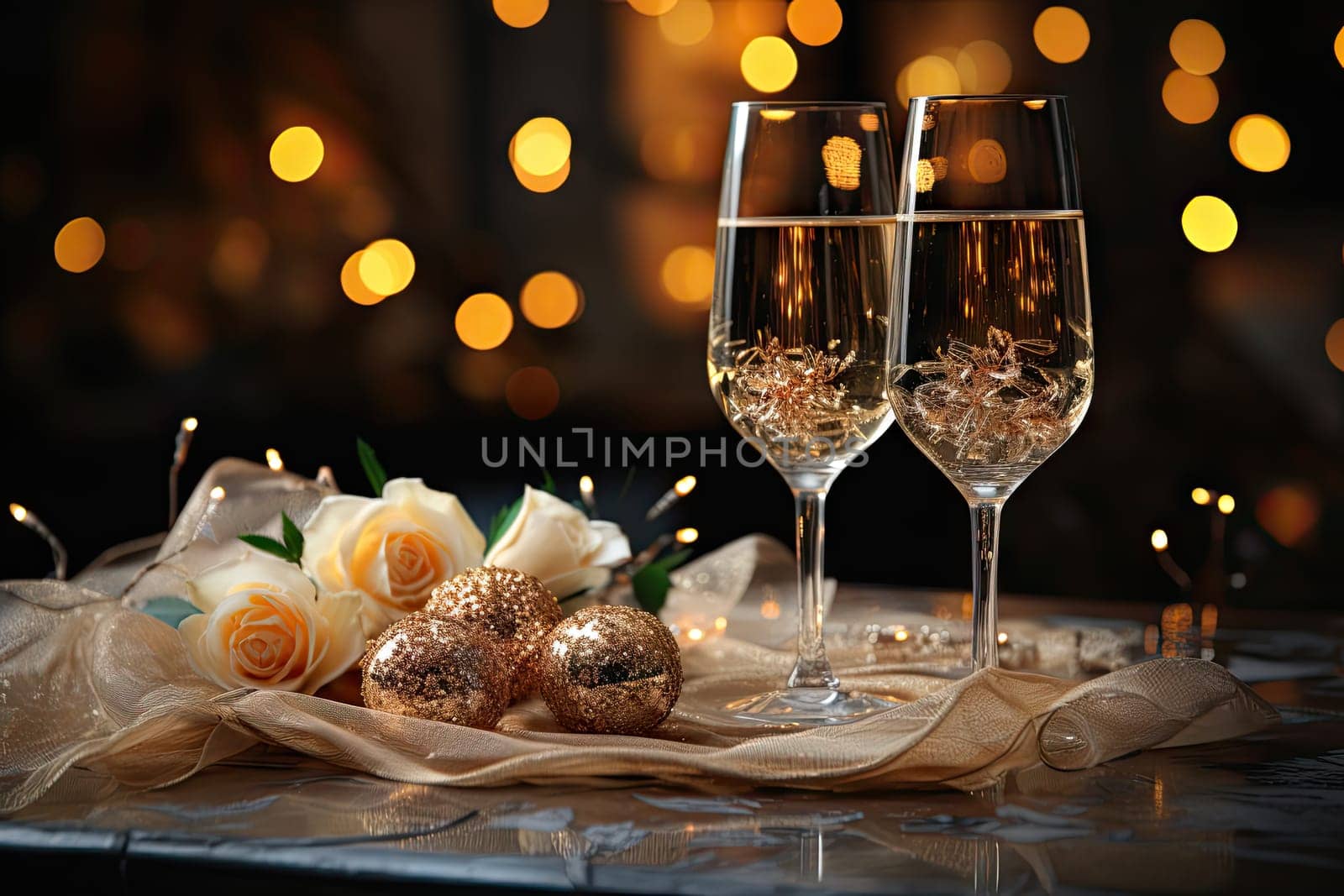 Two glasses of champagne and a bouquet of flowers on a table by golibtolibov