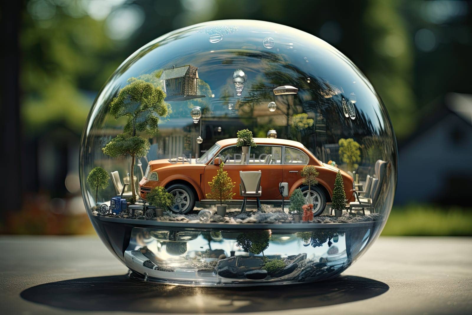 A Vibrant Red Car Captured Inside a Crystal Clear Glass Ball Created With Generative AI Technology