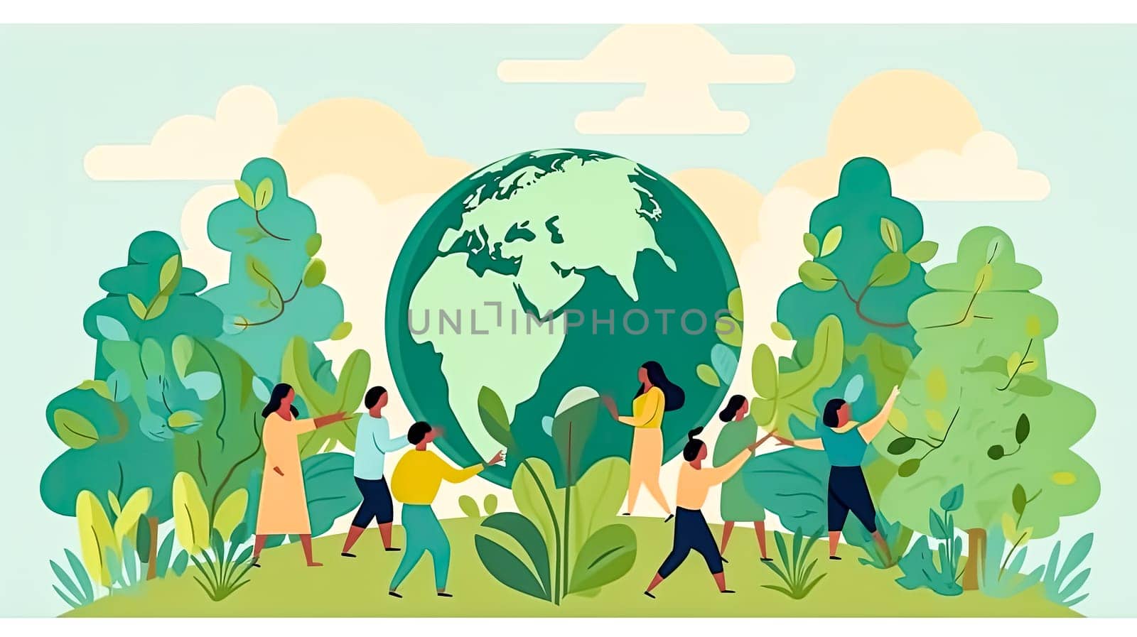 United for Earth, Diverse people against greenery, a powerful symbol of collective commitment to nature conservation an Earth Day celebration