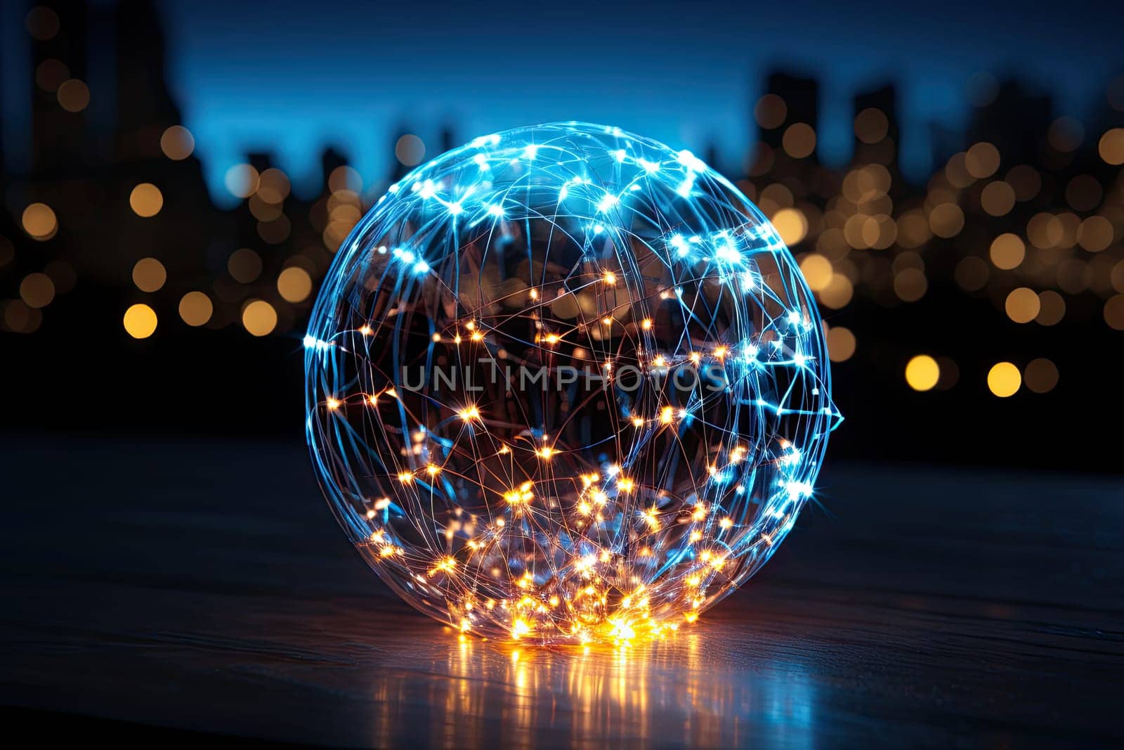 A Shimmering Sphere Illuminating a Wooden Surface with Brilliant, Radiant, and Enchanting Lights