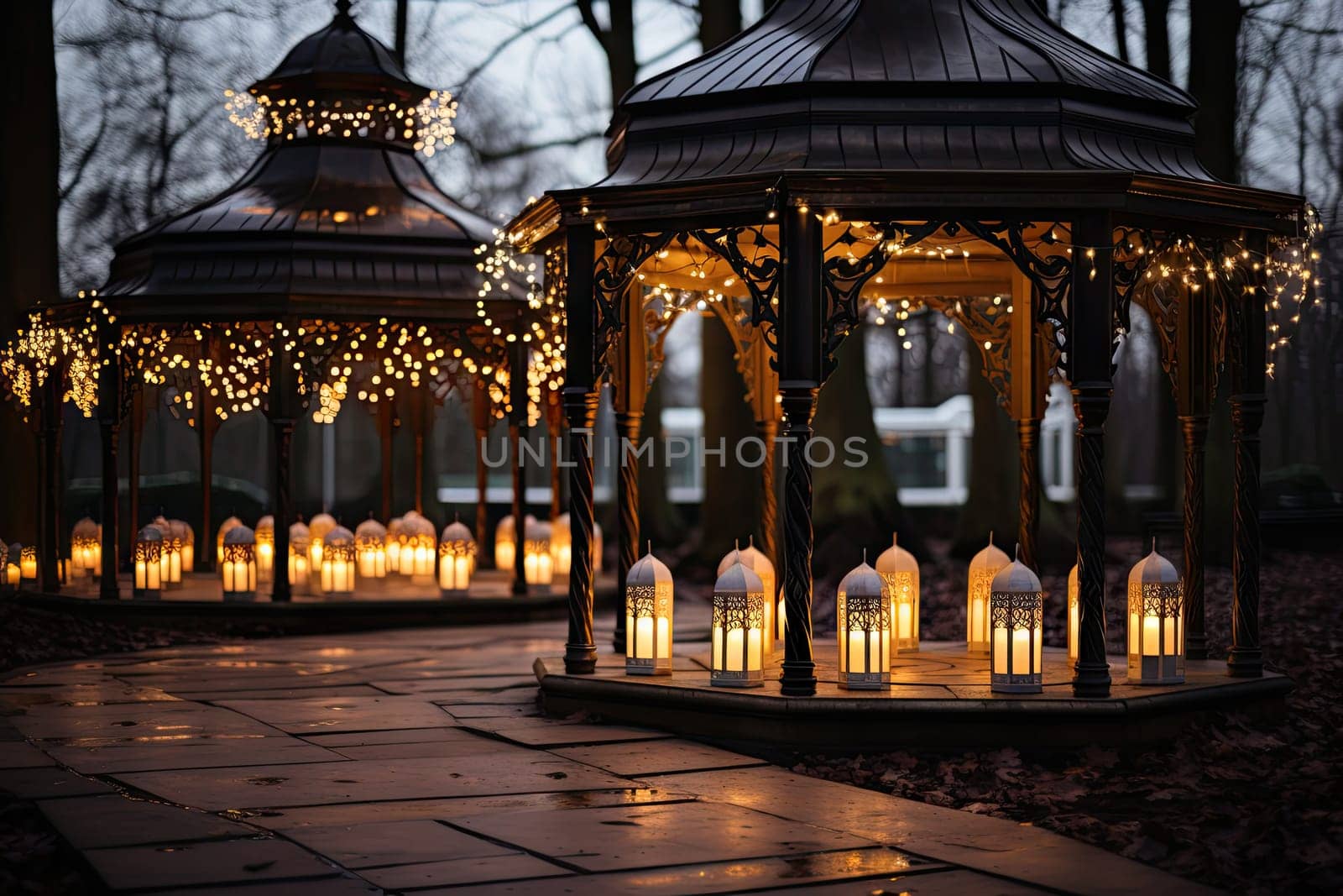 A lighted gazebo in the middle of a park created with generative AI technology by golibtolibov