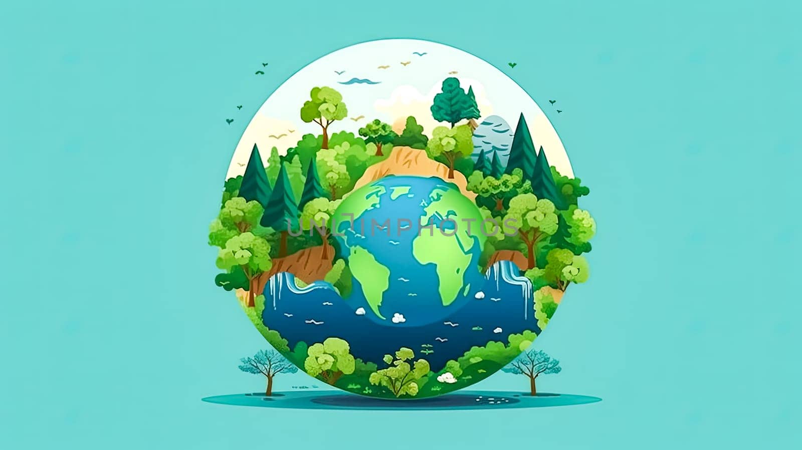 A planet in bloom, Earth adorned with green landscapes and lush trees a festive salute to the conservation efforts embraced on Earth Day