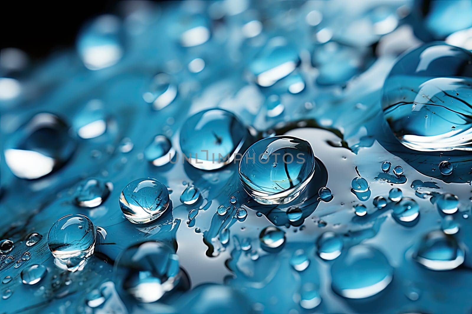 A close up of water droplets on a blue surface created with generative AI technology by golibtolibov
