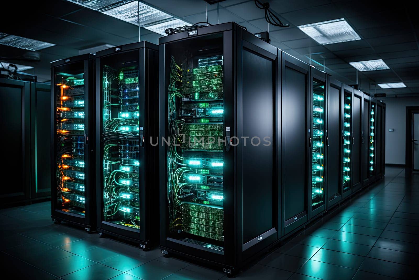 A row of servers in a dark room by golibtolibov