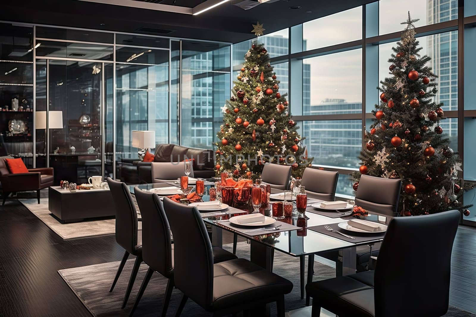 A Festive Dining Room with a Beautifully Decorated Christmas Tree as the Centerpiece Created With Generative AI Technology