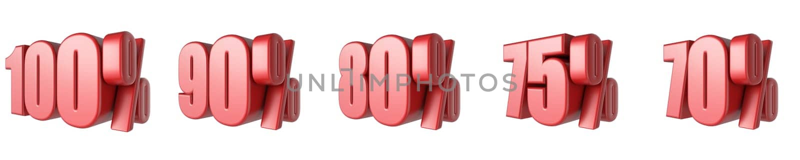 70, 75, 80, 90, 100 Red percent signs 3D rendering illustration isolated on white background