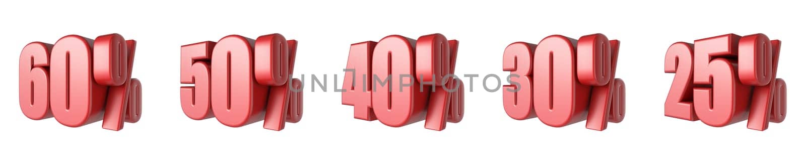 25, 30, 40, 50, 60 Red percent signs 3D rendering illustration isolated on white background