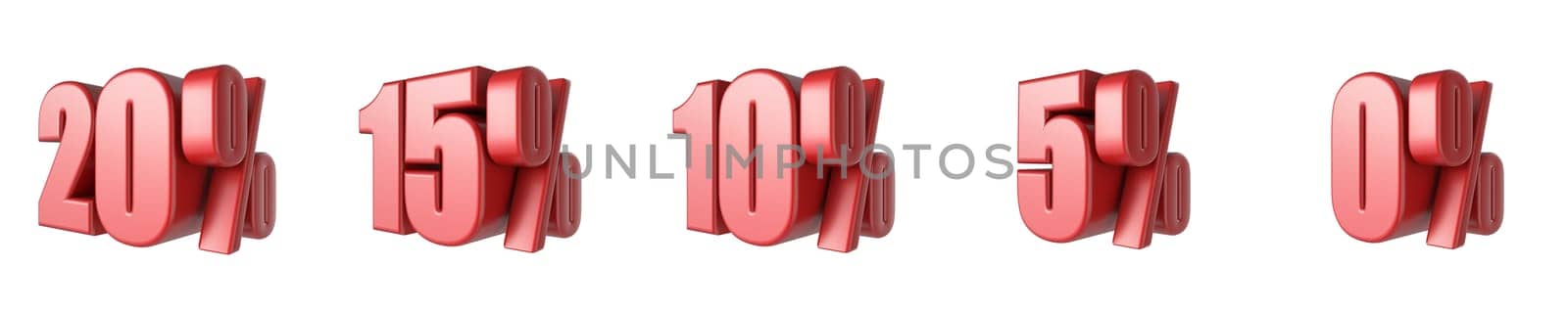 20. 15. 10, 5, 0 Red percent signs 3D rendering illustration isolated on white background