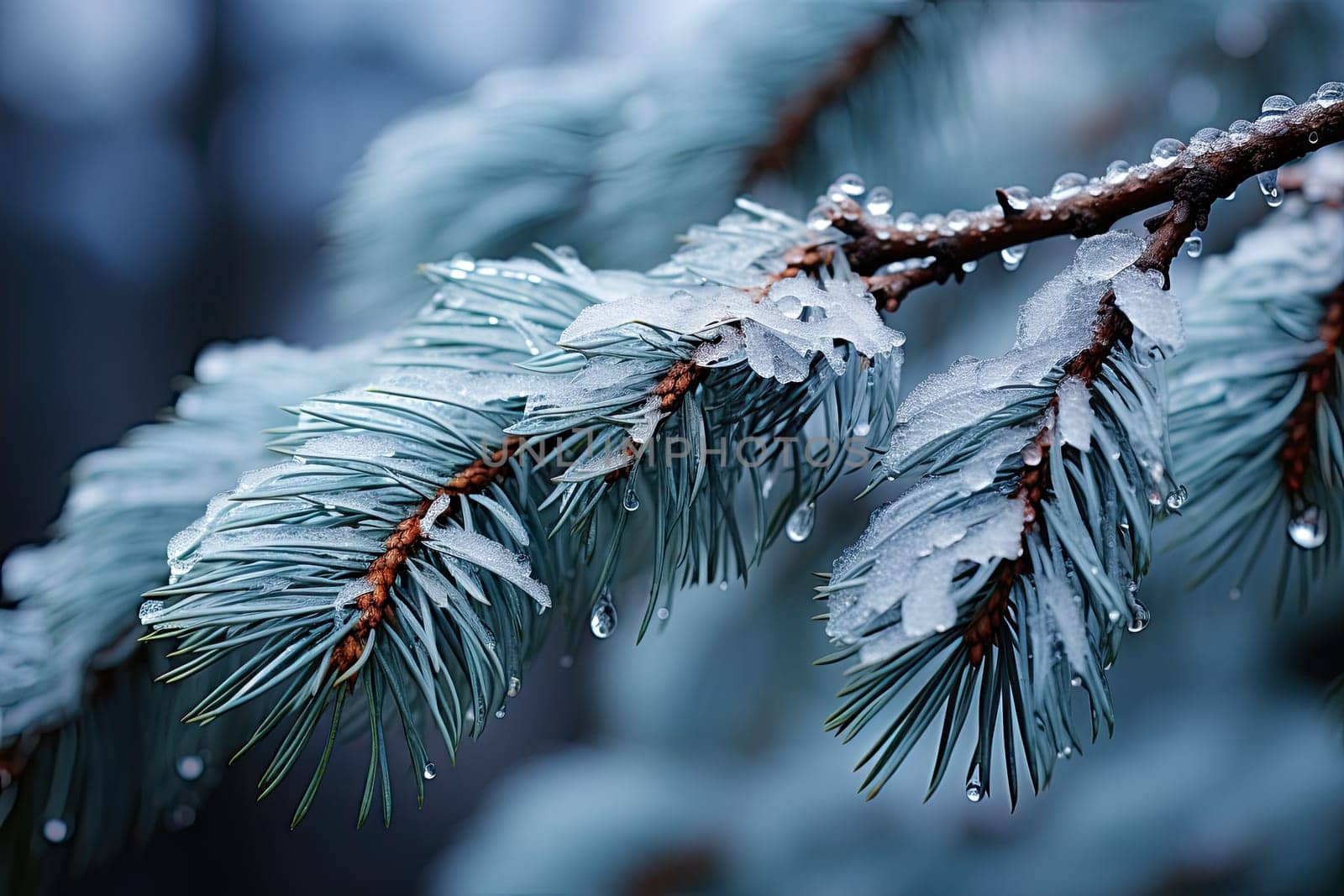 A close up of a pine tree branch with snow on it by golibtolibov