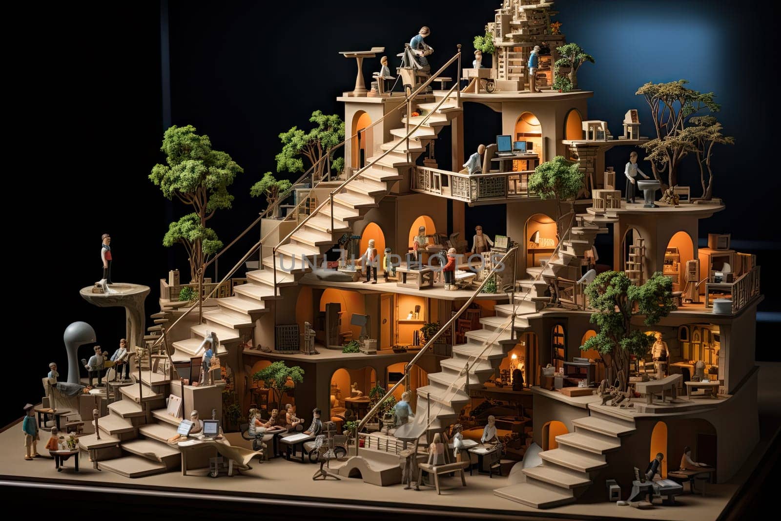 A Miniature Replica of a Multilevel Building with an Abundance of Stairs Created With Generative AI Technology