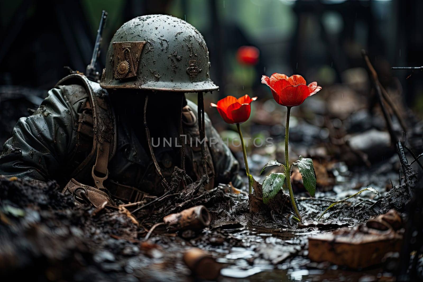 A soldier kneeling in the mud with two red flowers by golibtolibov