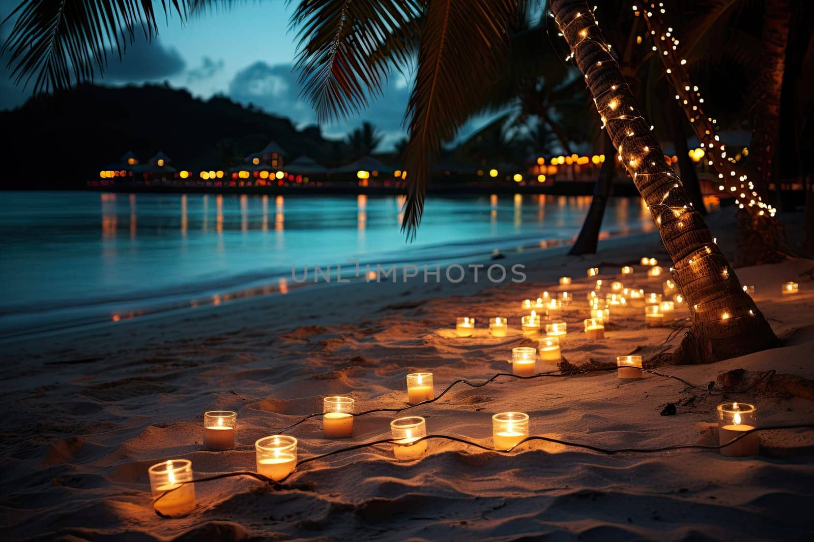 A Dazzling Palm Tree with Festive Christmas Lights, Lighting up a Serene Beach at Night