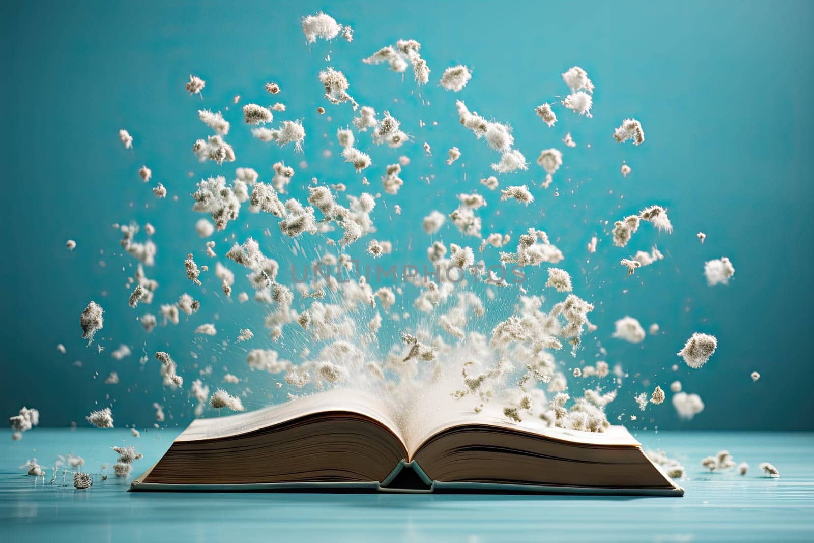The Whimsical Journey of Knowledge: An Open Book Unleashing a Magical Shower of White Blossoms