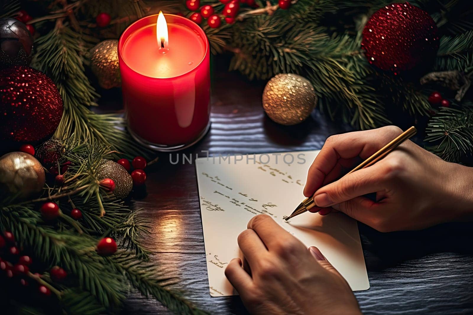 A person writing on a piece of paper next to a christmas tree by golibtolibov