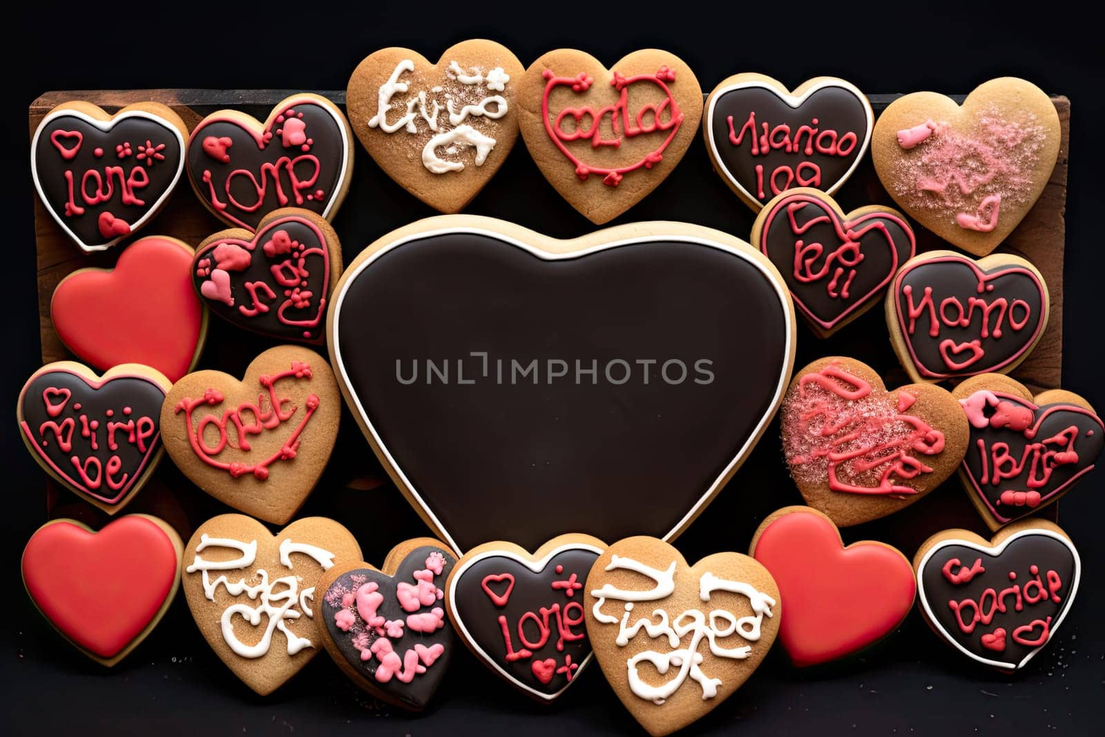Heart shaped cookies arranged in a heart - shaped frame created with generative AI technology by golibtolibov