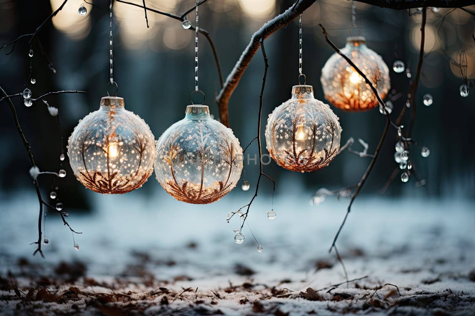 A group of glass balls hanging from a tree by golibtolibov