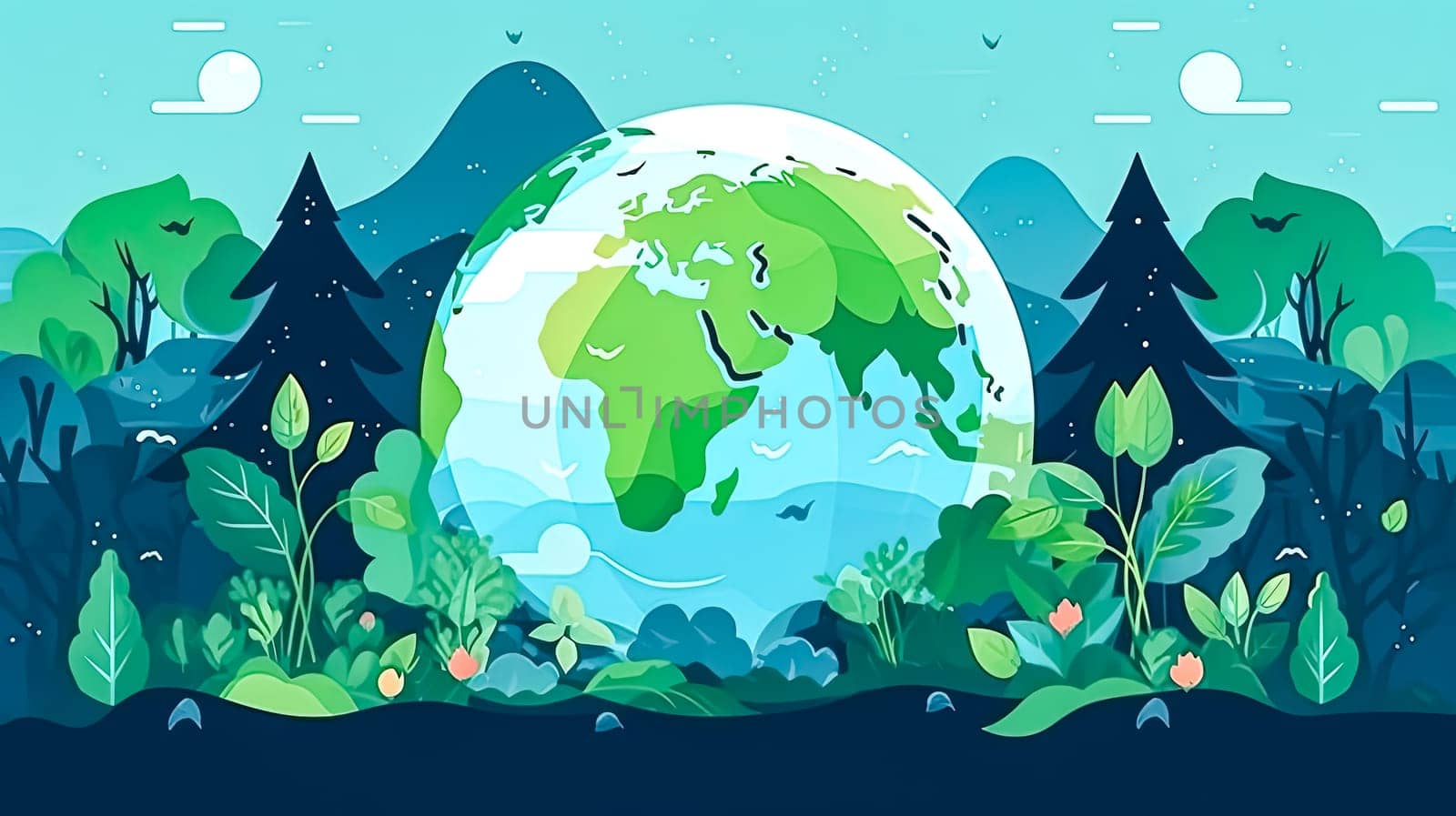 Green mosaic planet, Earth adorned with trees and grass, a vibrant illustration of nature thriving a joyous scene for Earth Day festivities