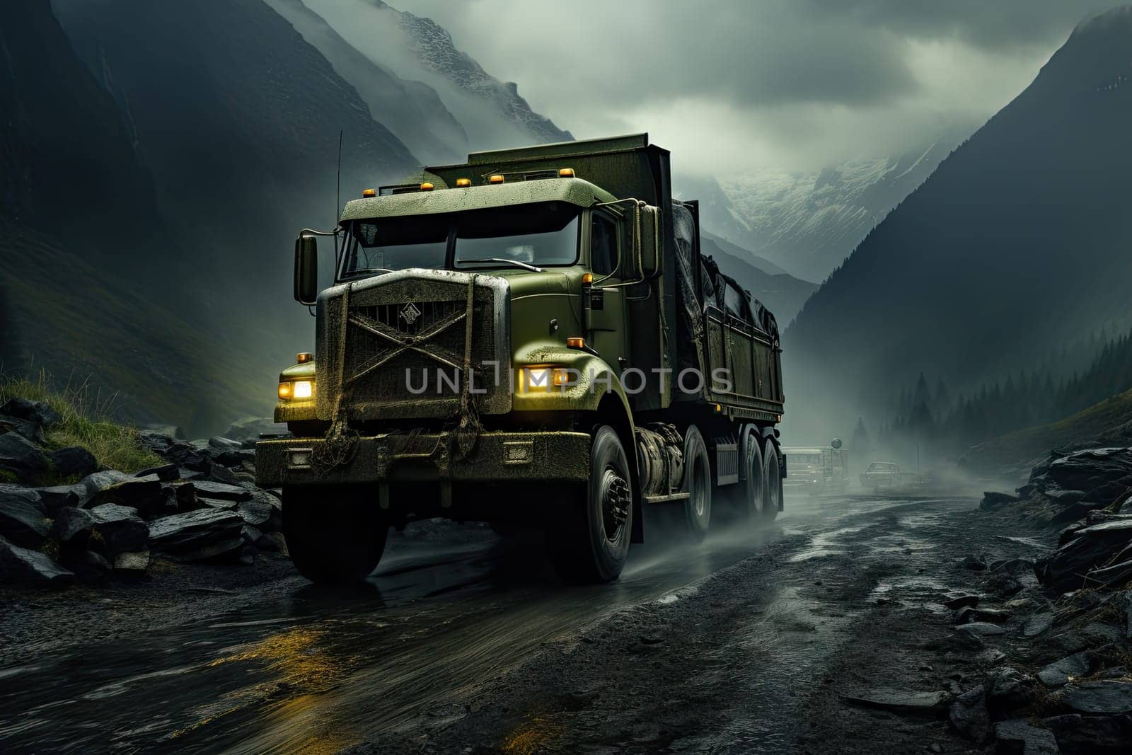 A large truck driving down a dirt road created with generative AI technology by golibtolibov