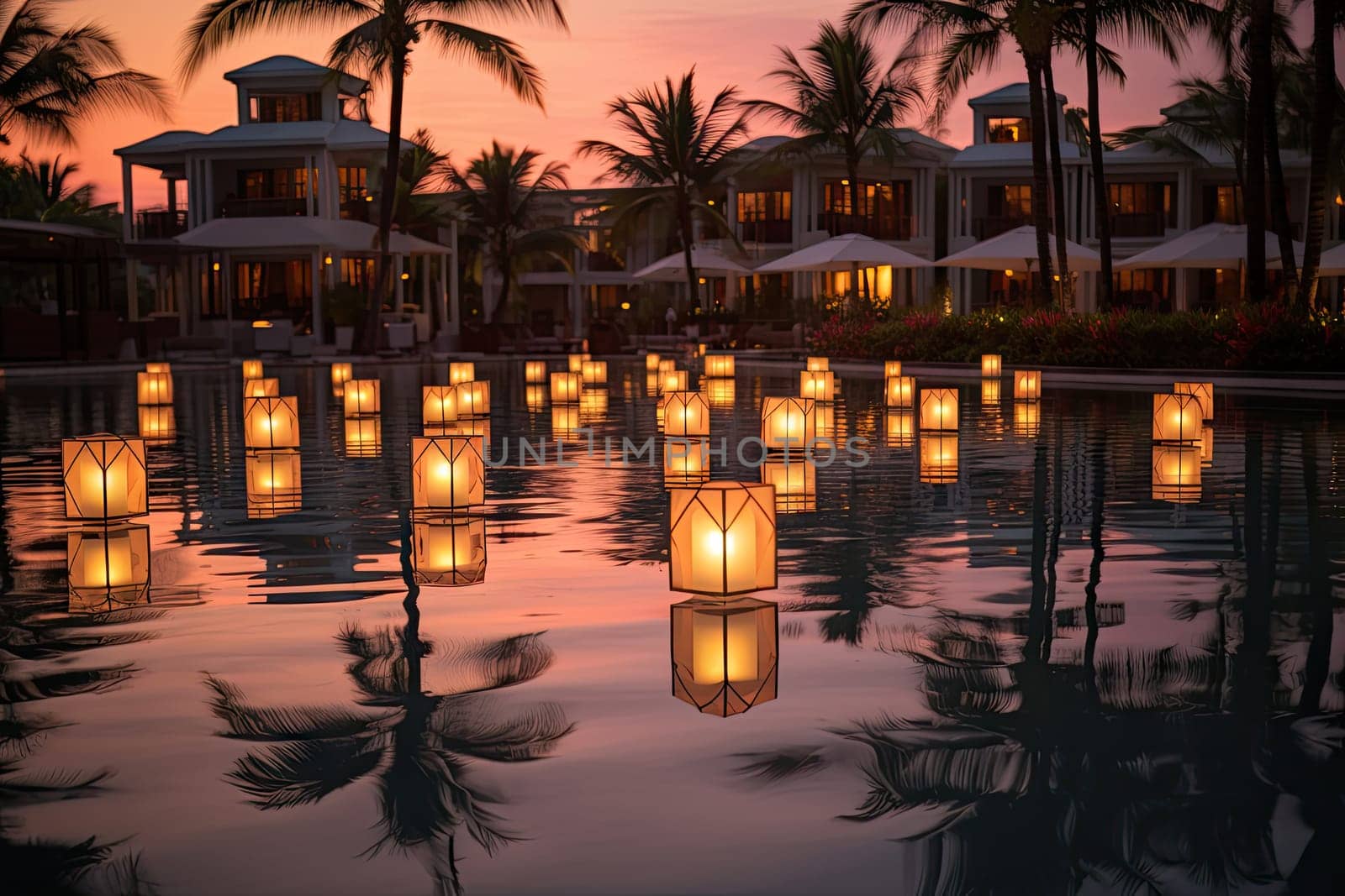 Floating Lanterns Illuminate the Serene Waters at Dusk