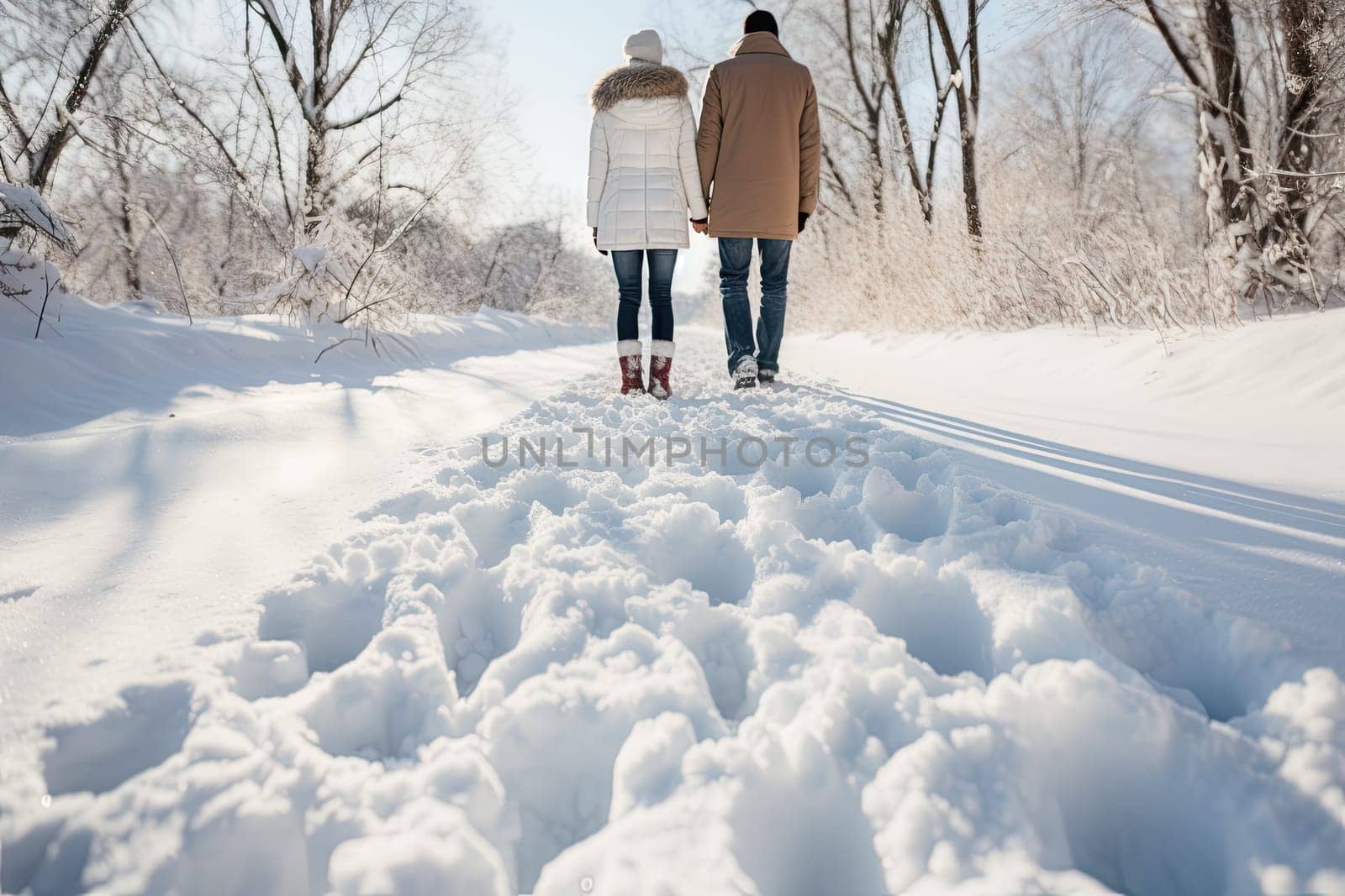 A man and a woman walking in the snow created with generative AI technology by golibtolibov
