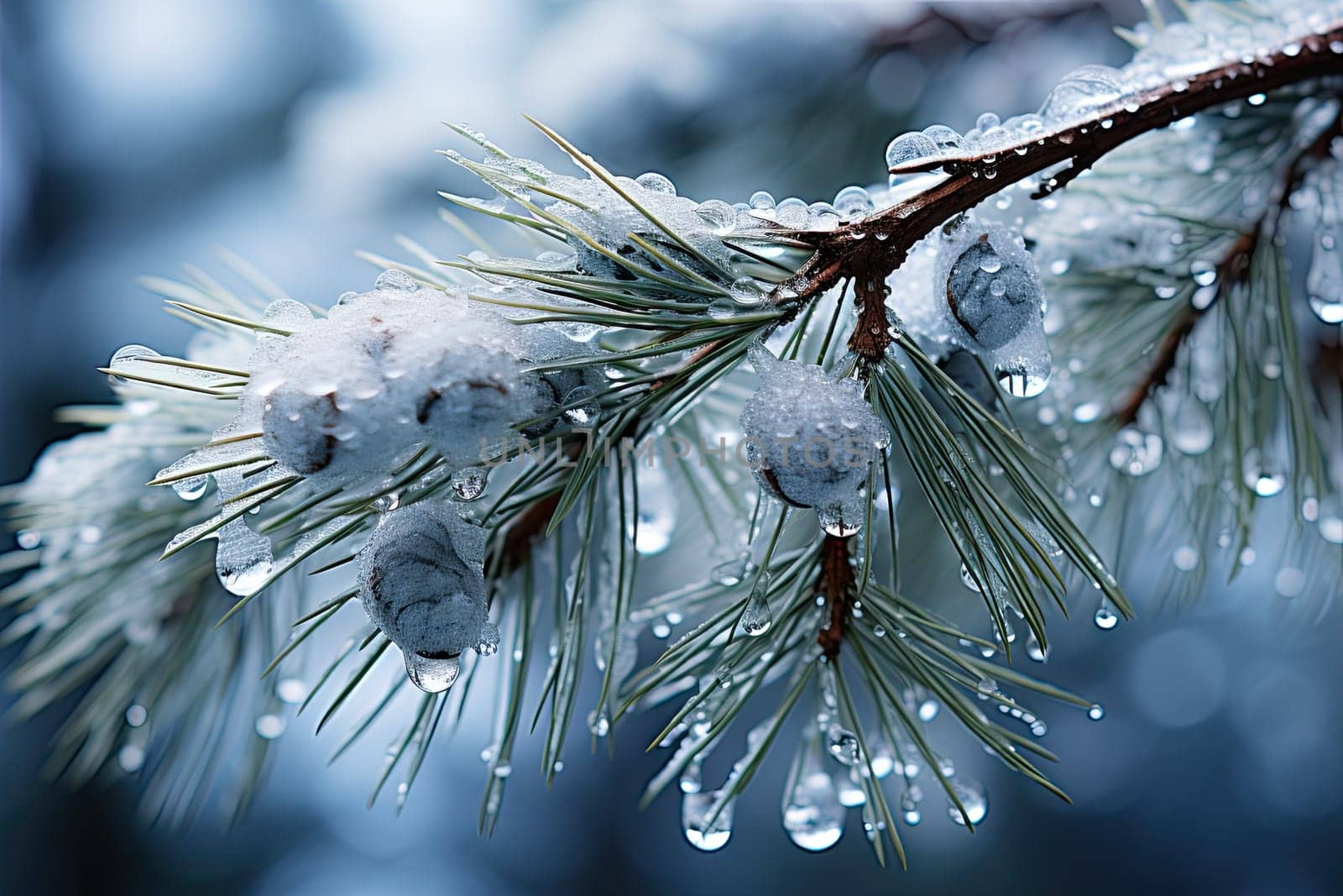 A Winter Wonderland: Close-Up of Snow-Covered Pine Tree with Glistening Needles and Frosty Branches