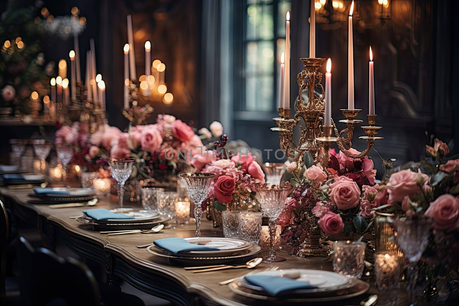 A long table with a bunch of flowers on it by golibtolibov