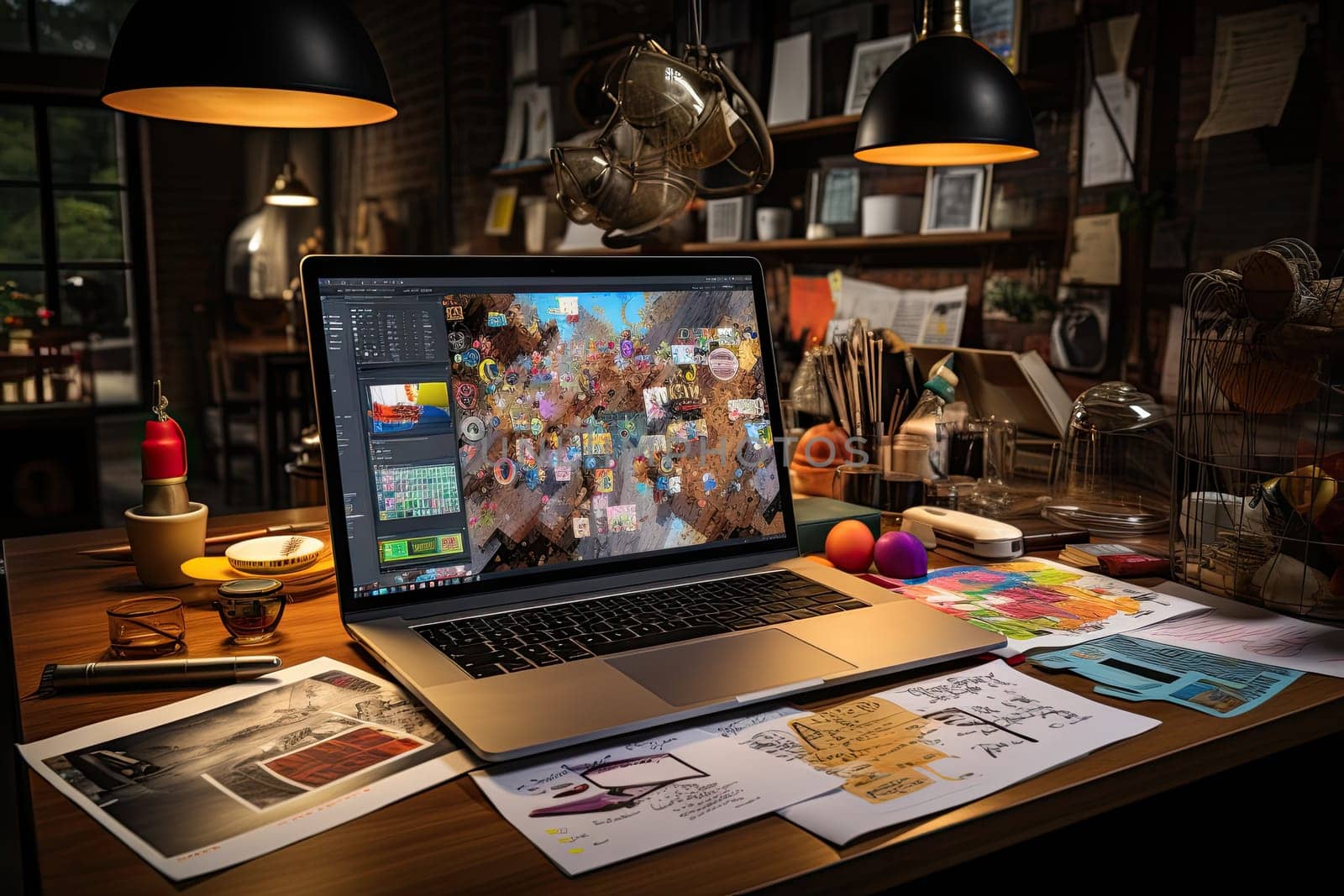 A laptop computer sitting on top of a wooden desk created with generative AI technology by golibtolibov