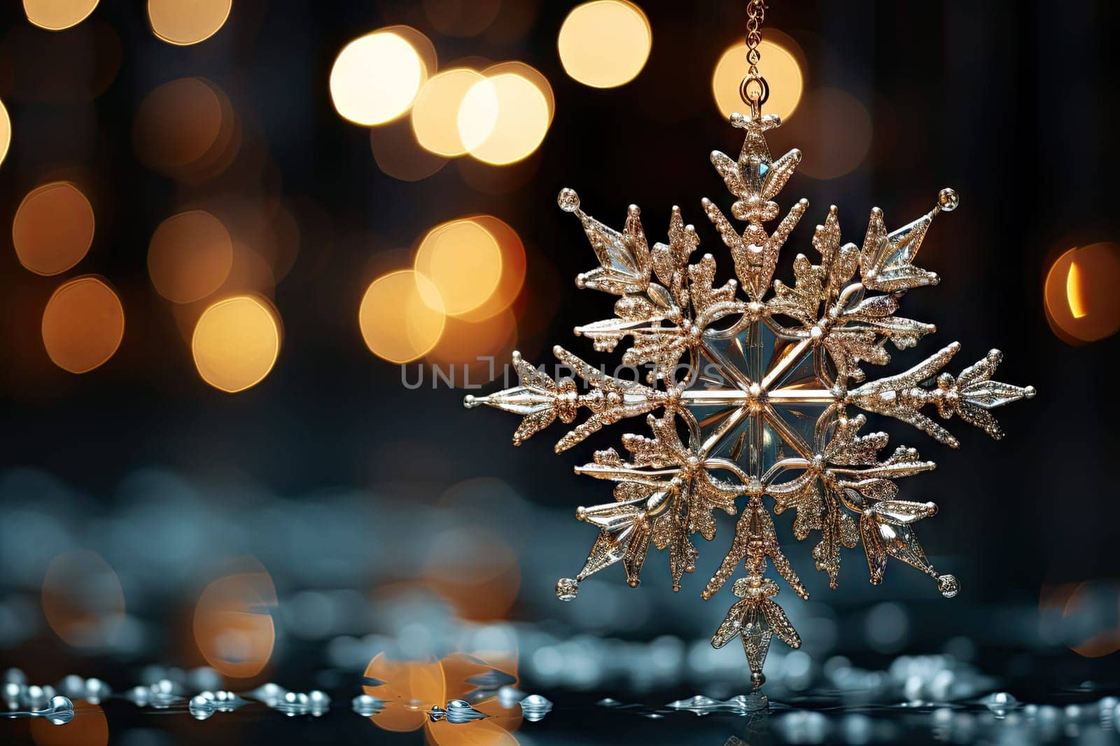 A snowflake hanging from a chain on a table created with generative AI technology by golibtolibov