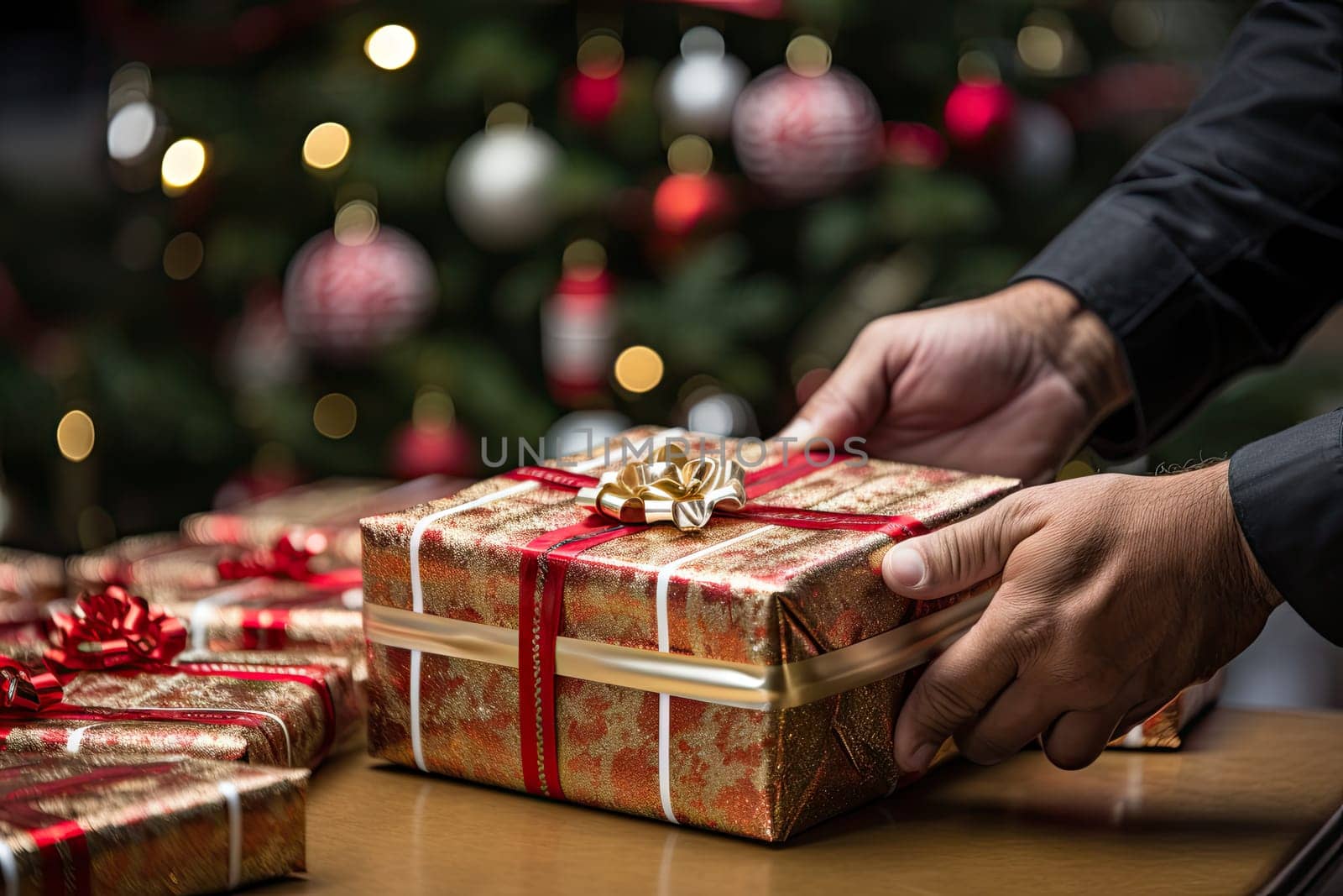The Joy of Giving: A Person Holding a Wrapped Present in Front of a Christmas Tree Created With Generative AI Technology