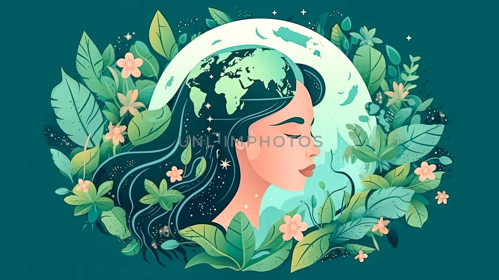 Green goddess, A girl as Mother Nature, surrounded by verdant beauty, symbolizing the commitment to conservation a powerful Earth Day visual statement