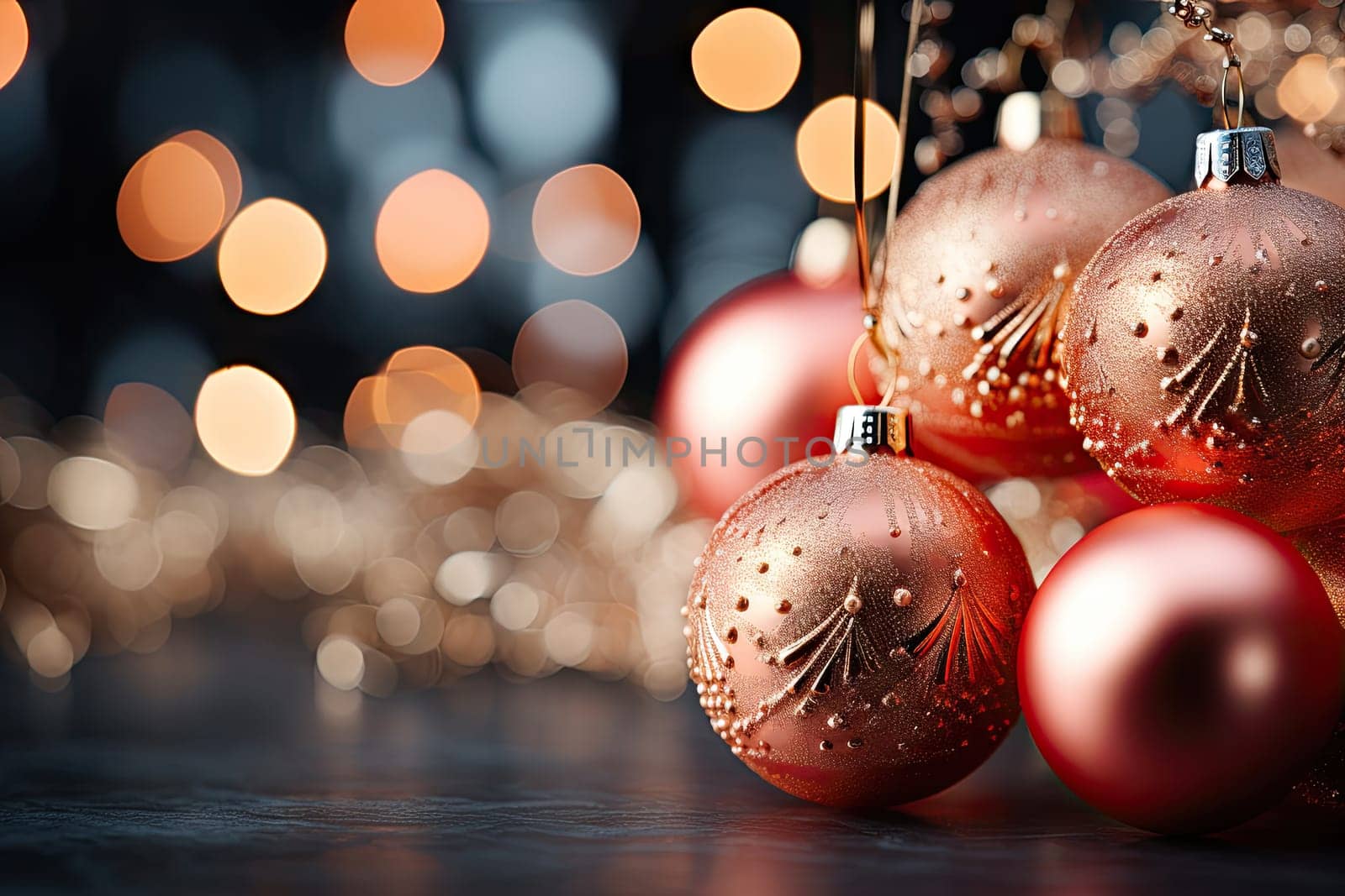 A bunch of red christmas balls hanging from a string created with generative AI technology by golibtolibov