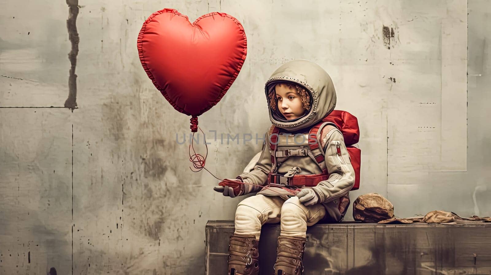 Innocence in space, Kid in astronaut attire with a heart balloon a tender scene blending youthful wonder with cosmic aspirations