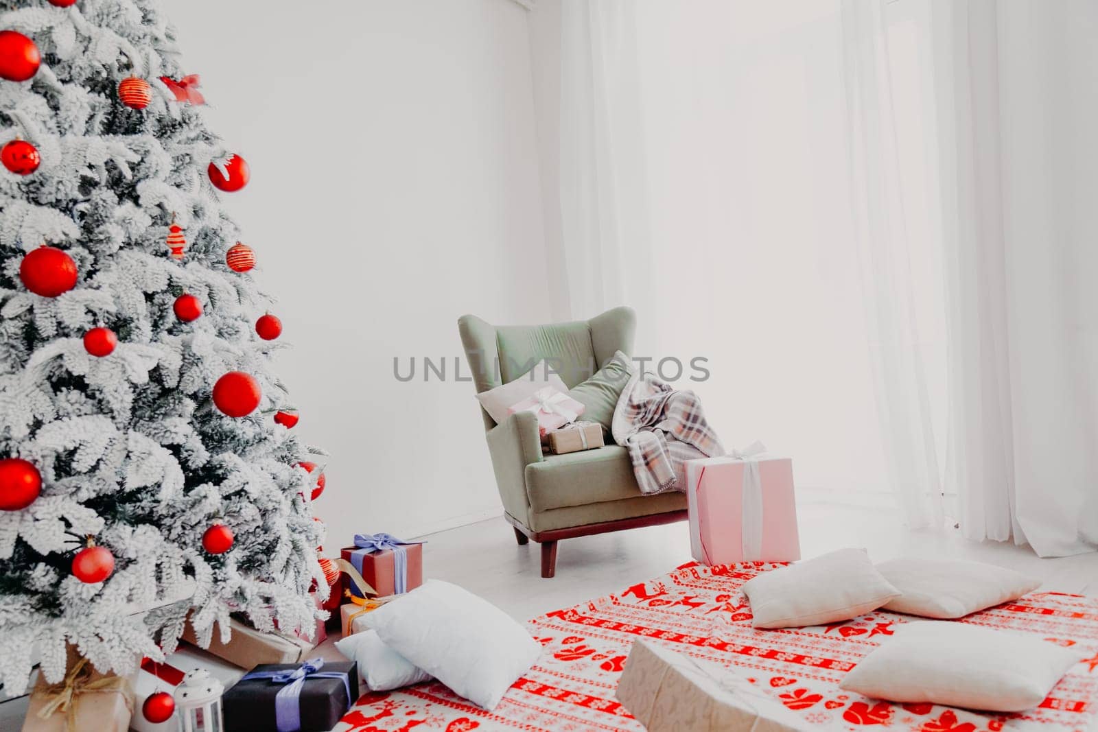 White room Christmas tree with red toys new year winter gifts decor by Simakov