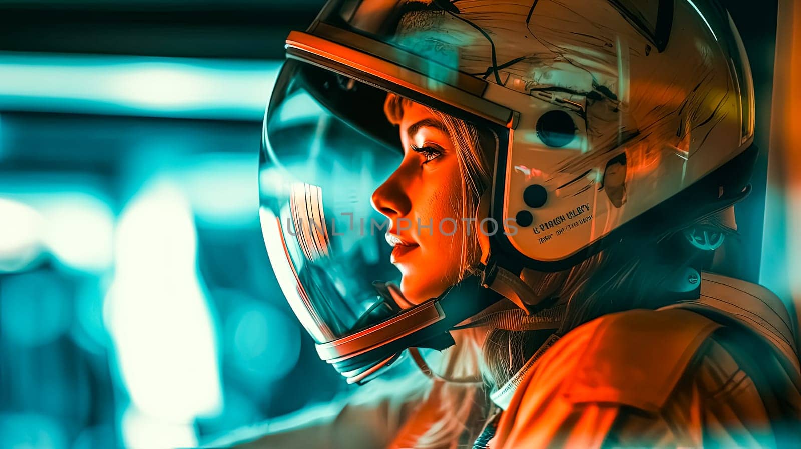 Her gaze reflects the stars, a close up portrait of a female astronaut, embodying the spirit of exploration with a backdrop of interstellar wonder