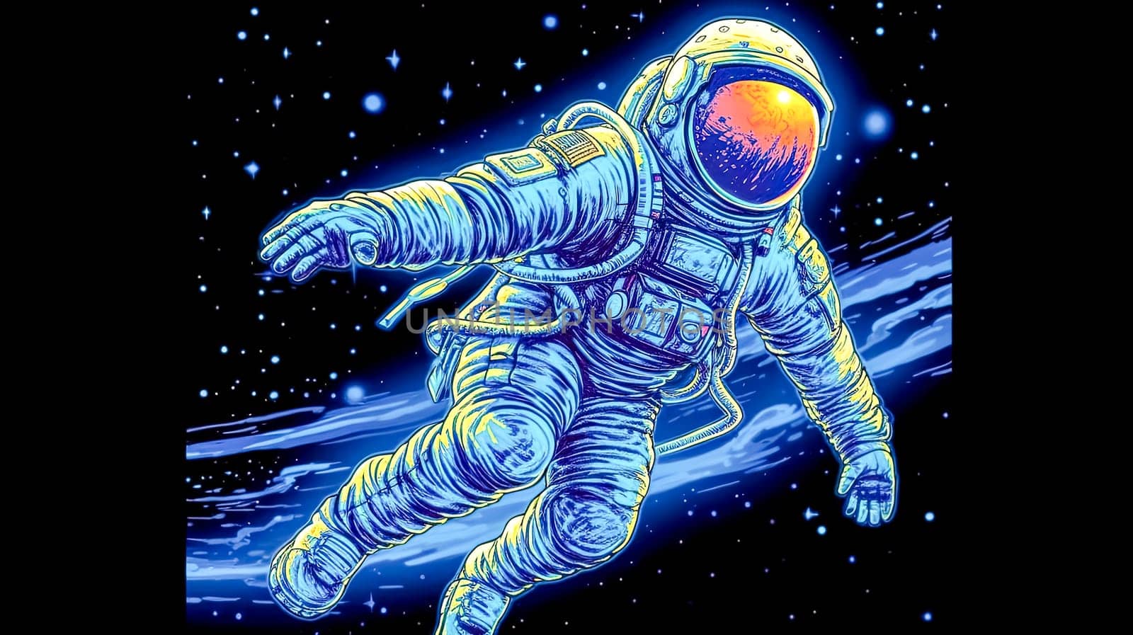 The silhouette of an astronaut against the backdrop of a cosmic tapestry peers into a holographic display, analyzing the exotic flora of an alien planet