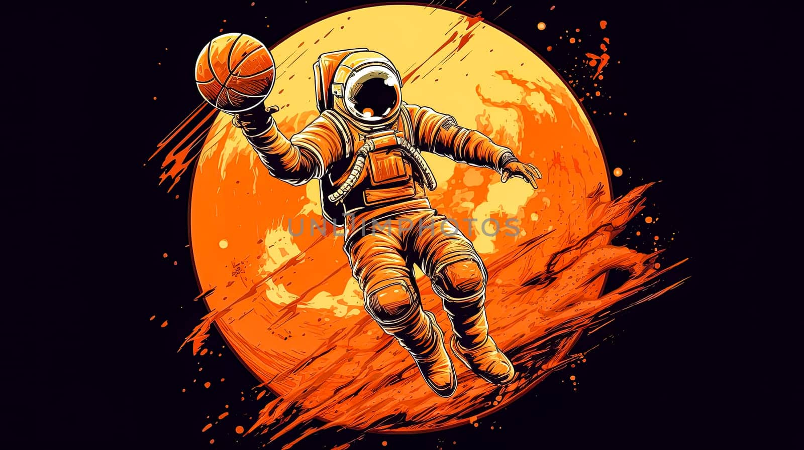 Against the Mars skyline, an astronaut slam dunks a basketball, intertwining cosmic exploration with the universal rhythm of the game