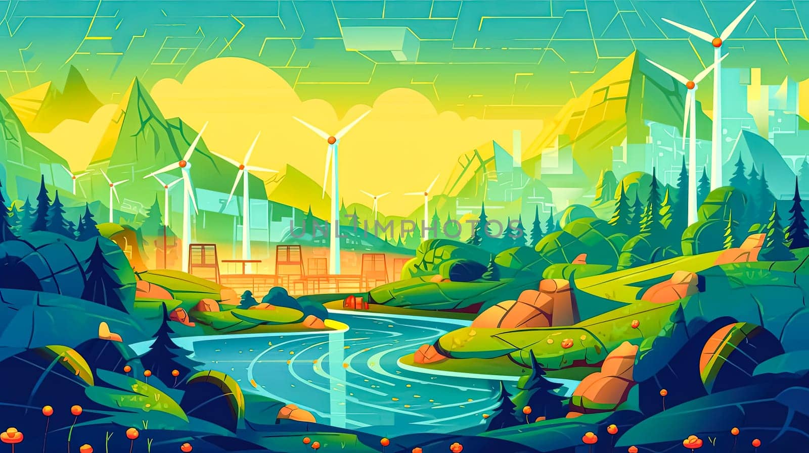 Green energy in action, Turbines turn amidst lush fields, a visual ode to sustainability and the commitment to preserve our planets natural splendor.