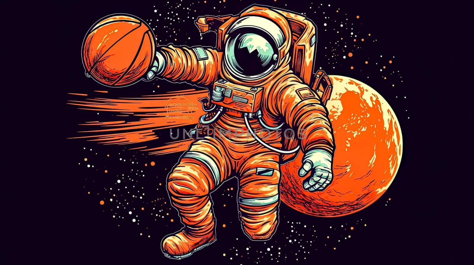 In the cosmic solitude of Mars, an astronaut goes for a three pointer, the basketball soaring against the rust colored backdrop a game of celestial hoops